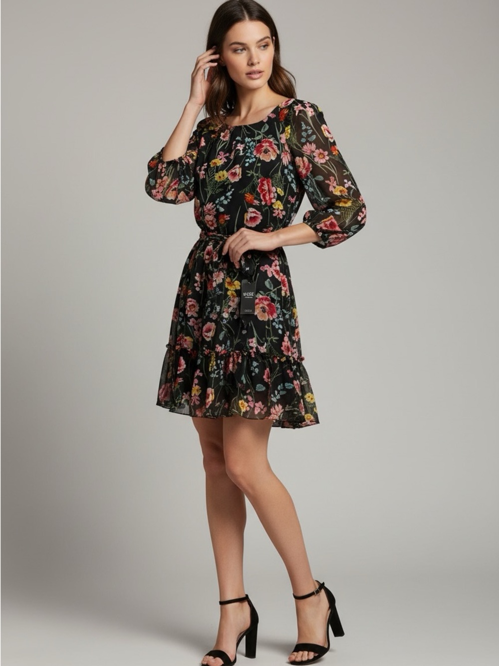 New MSK Black Floral Long-Sleeve Ruffle-Hem Dress size 1X